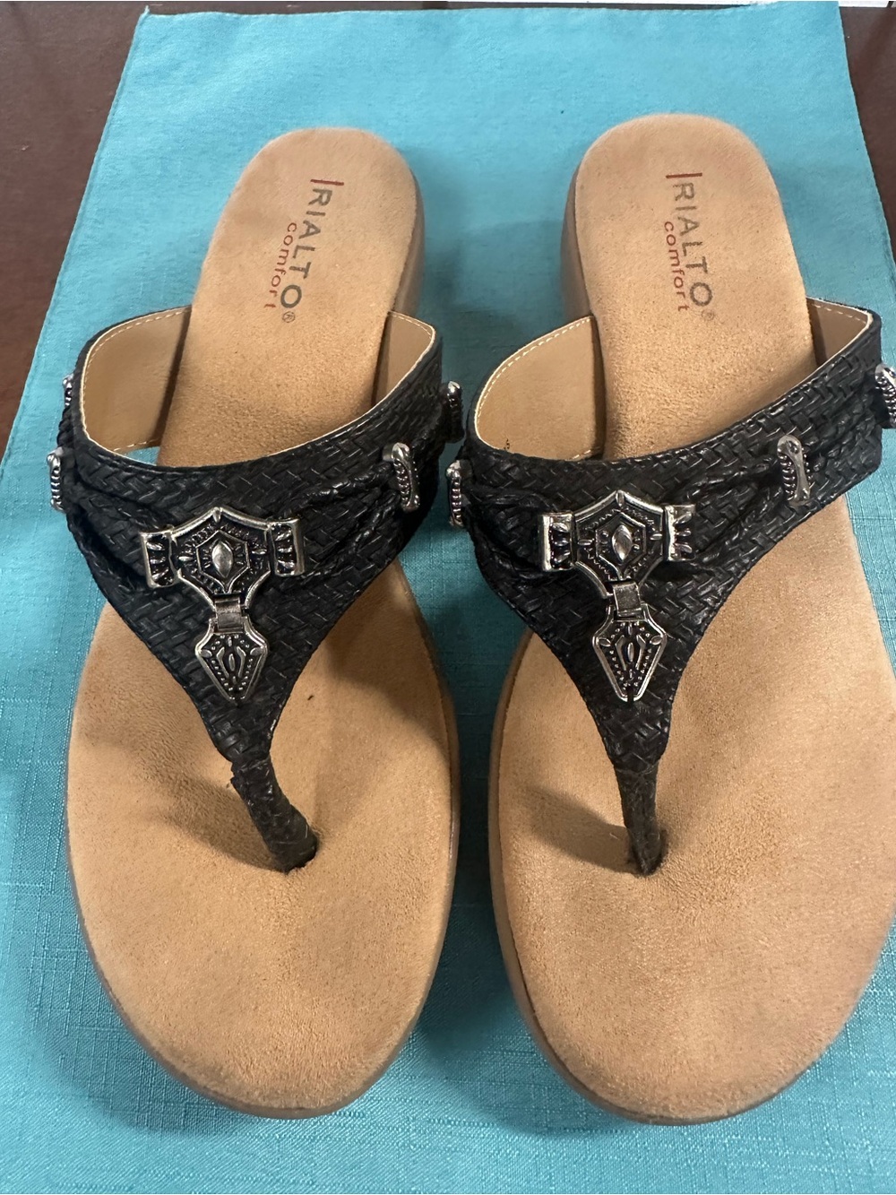 Rialto Black Woven Thong Sandals with Silver Accents
